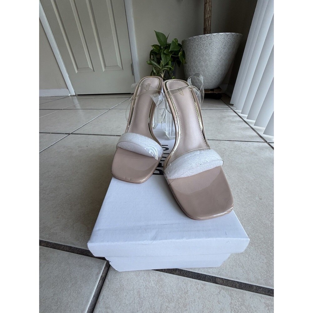 Redtop Clear Strap Nude Slide Sandals Square Open Toe Stiletto Heels Size 9